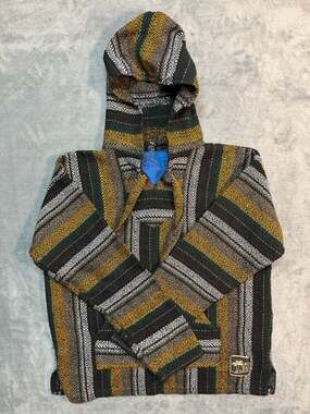No Bad Days Striped Baja Hoodie Poncho Sweater Medium Black Yellow Green